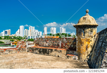Turret of San Felipe de Barajas Castle in Cartagena de Indias. UNESCO world heritage in Colombia 121985244
