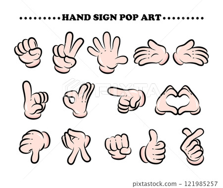 Pop art hand poses (hand signs) illustration set | Rock, scissors, paper, peace, heart, etc. 121985257