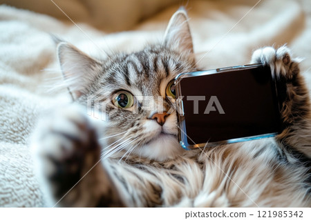 Cat taking a selfie with a smartphone Cat taking a selfie with a smartphone 121985342