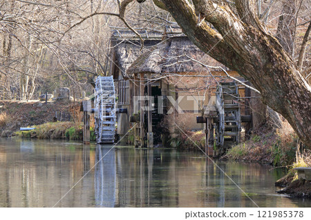 Azumino in winter: Watermill at Daio Wasabi Farm Azumino in winter: Watermill at Daio Wasabi Farm 121985378