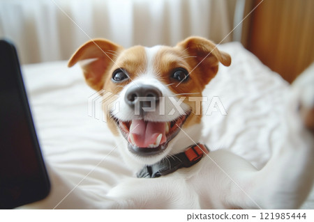 Dog taking a selfie with a smartphone Dog taking a selfie with a smartphone 121985444