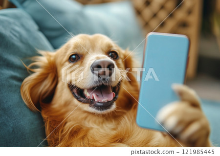 Golden retriever taking a selfie with a smartphone Golden retriever taking a selfie with a smartphone 121985445