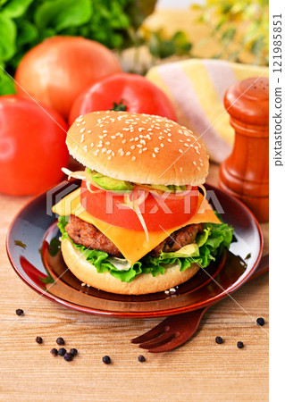 Homemade hamburger, cheese tomato avocado hamburger, cheeseburger, hamburger image 121985851