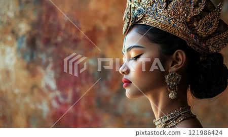 Elegant Cambodian Apsara Dancer in Intricate Headdress Showcasing Cultural Heritage and Graceful Artistry 121986424