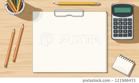 Minimal Desk Setup with Blank Notepad, Pencil, Calculator, and Colorful Pencils in an Organized Layout 121986455