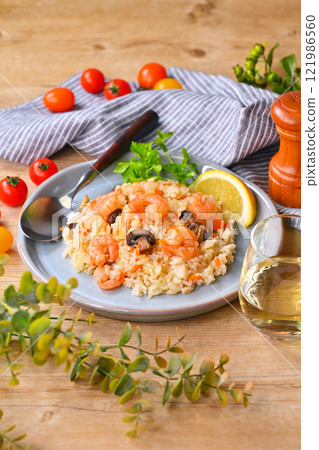 Shrimp pilaf, shrimp pilaf, seafood dish, pilaf, mushroom, lemon, lunch, western food, wine 121986560