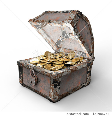 A Rusted Treasure Chest Overflowing With Golden Coins on White Background A Rusted Treasure Chest Overflowing With Golden Coins on White Background 121986732