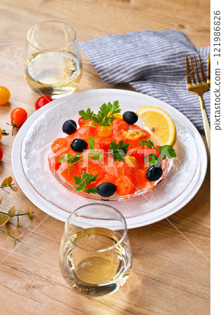 Salmon carpaccio, carpaccio salad, salmon and cherry tomato carpaccio, Italian Salmon carpaccio, carpaccio salad, salmon and cherry tomato carpaccio, Italian 121986826
