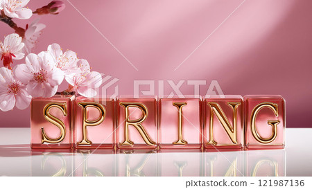 櫻花和可愛的金色大寫字母春天 櫻花和可愛的金色大寫字母春天 121987136