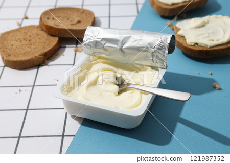 Sandwiches with cheese Philadelphia, on a blue background. 121987352