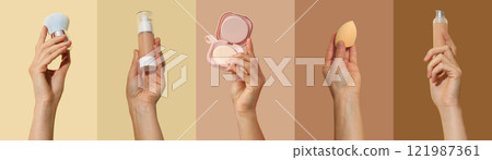 Cosmetic accessories, collage of hands with cosmetic accessories on color backgrounds Cosmetic accessories, collage of hands with cosmetic accessories on color backgrounds 121987361