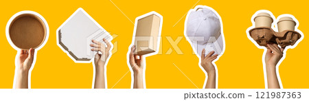 Delivery accessories, set of hands with delivery accessories on yellow background 121987363
