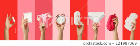 Menstruation accessories, collage of hands with menstruation accessories on color backgrounds Menstruation accessories, collage of hands with menstruation accessories on color backgrounds 121987369