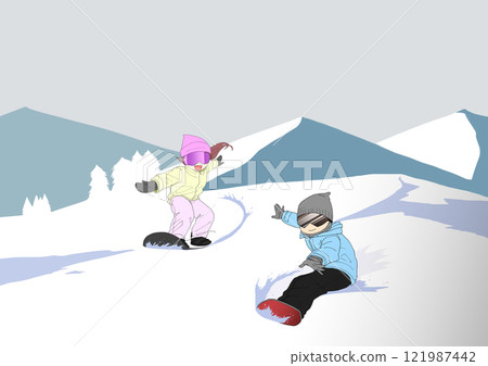 Men and women enjoying snowboarding with background Men and women enjoying snowboarding with background 121987442
