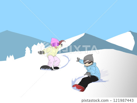 享受藍天背景滑雪的男人和女人 享受藍天背景滑雪的男人和女人 121987443