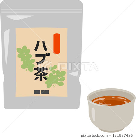 一袋市售的哈布茶和茶杯裡的茶 121987486
