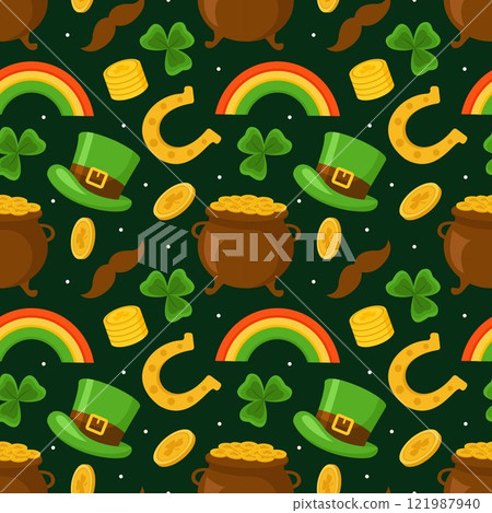 Saint Patrick's Day Seamless Pattern Design Featuring Hand Drawn Decorative Elements in a Cartoon Flat Style Illustration 121987940