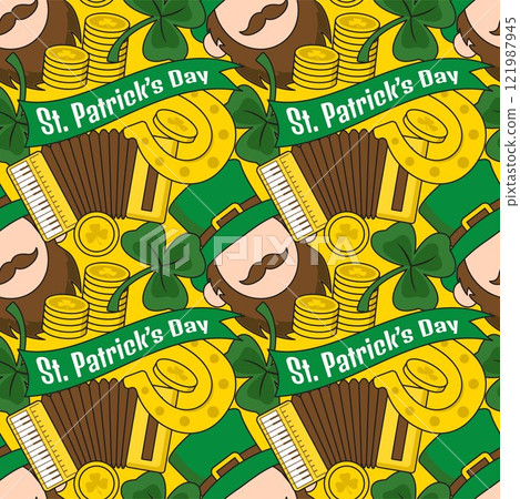 Saint Patrick's Day Seamless Pattern Design Featuring Hand Drawn Decorative Elements in a Cartoon Flat Style Illustration 121987945