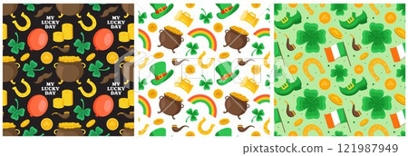 Saint Patrick's Day Seamless Pattern Design Featuring Hand Drawn Decorative Elements in a Cartoon Flat Style Illustration 121987949