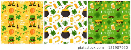 Saint Patrick's Day Seamless Pattern Design Featuring Hand Drawn Decorative Elements in a Cartoon Flat Style Illustration 121987950