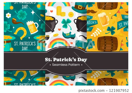 Saint Patrick's Day Seamless Pattern Design Featuring Hand Drawn Decorative Elements in a Cartoon Flat Style Illustration 121987952