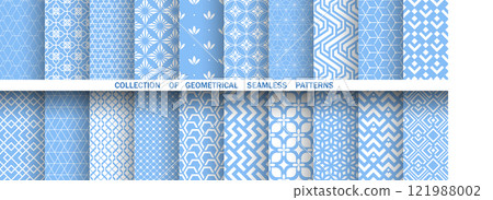 Geometric set of seamless blue and white patterns. Simple vector graphics 121988002