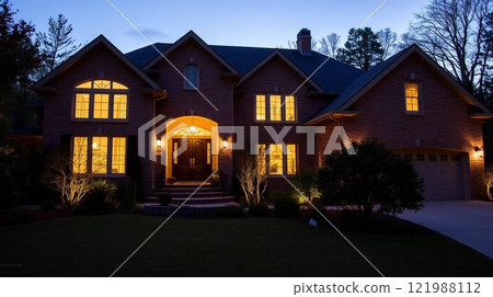 Beautiful Home Exterior at Dusk with Warm Interior Lighting and Lush Landscaping. 121988112