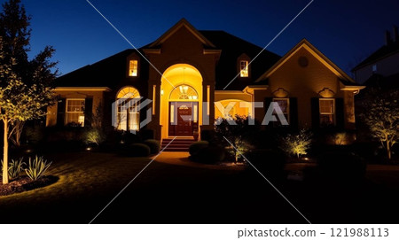 Beautiful Home Exterior at Dusk with Warm Interior Lighting and Lush Landscaping. 121988113
