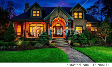 Beautiful Home Exterior at Dusk with Warm Interior Lighting and Lush Landscaping. 121988115