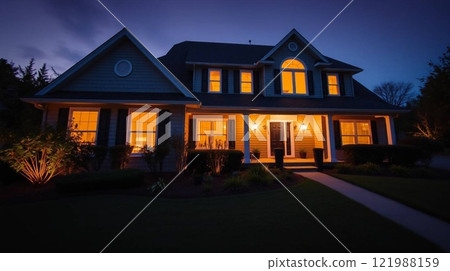 Beautiful Home Exterior at Dusk with Warm Interior Lighting and Lush Landscaping. 121988159