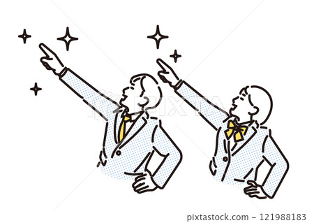 Simple illustration: Male and female students pointing to the future Simple illustration: Male and female students pointing to the future 121988183