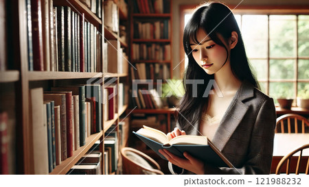 尋找一本書的婦女在圖書館裡 121988232