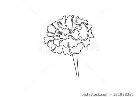 Single continuous line drawing beauty fresh calendula for home wall decor poster. Printable decorative marigold flower greeting card ornament. Dynamic one line draw graphic design vector illustration Single continuous line drawing beauty fresh calendula for home wall decor poster. Printable decorative marigold flower greeting card ornament. Dynamic one line draw graphic design vector illustration 121988385