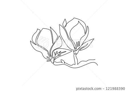 Single one line drawing beauty fresh magnoliaceae for home decor wall art poster print. Decorative magnolia flower concept for invitation card. Continuous line draw design graphic vector illustration Single one line drawing beauty fresh magnoliaceae for home decor wall art poster print. Decorative magnolia flower concept for invitation card. Continuous line draw design graphic vector illustration 121988390