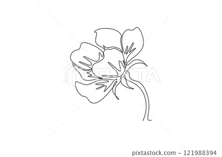 Single one line drawing beauty fresh anemone flower for home wall decor art poster print. Decorative perennial windflower for invitation card. Continuous line draw design graphic vector illustration Single one line drawing beauty fresh anemone flower for home wall decor art poster print. Decorative perennial windflower for invitation card. Continuous line draw design graphic vector illustration 121988394