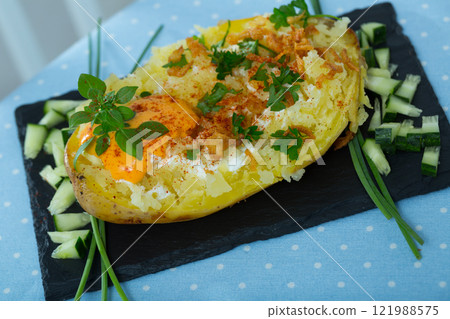 Baked potato with herbs, egg and cucumbers 121988575