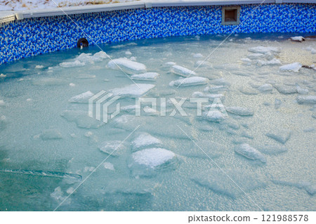 Ice forms on surface of pool, creating wintery atmosphere with blue tiles contrasting frozen water. Ice forms on surface of pool, creating wintery atmosphere with blue tiles contrasting frozen water. 121988578