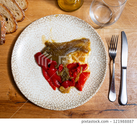 Roasted pepper salad served on plate Roasted pepper salad served on plate 121988887
