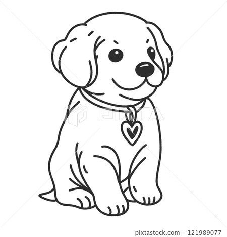 a cute dog with heart collar Valentines day Hand drawn doodle line art illustration love elements greeting card decoration  121989077