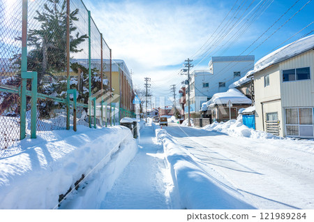 Life in a snowy country: A long-awaited sunny day in the middle of heavy snowfall, the sidewalks of an elementary school street Life in a snowy country: A long-awaited sunny day in the middle of heavy snowfall, the sidewalks of an elementary school street 121989284