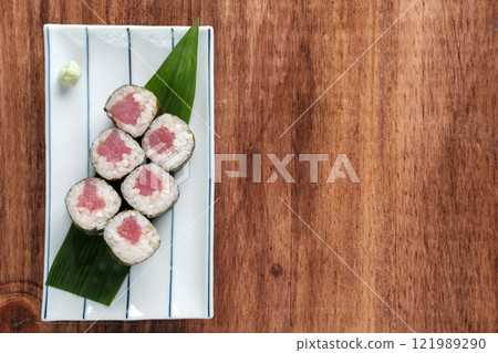 Tuna Roll Sushi Served with Wasabi. Tuna Roll Sushi Served with Wasabi. 121989290