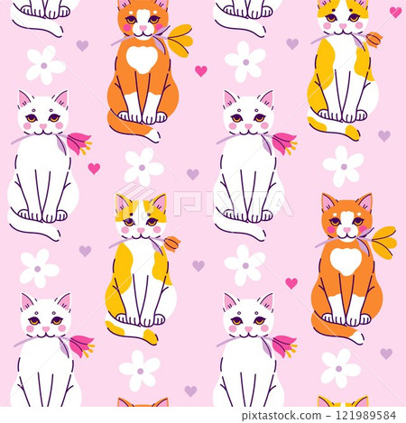 Seamless pattern with cute sitting cats with flowers. Vector graphics 121989584