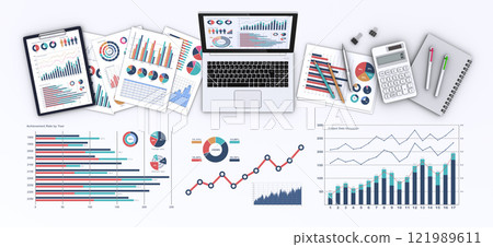 Laptop with business related graphs and charts, digital and visualization technology Laptop with business related graphs and charts, digital and visualization technology 121989611