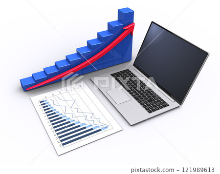 上升的 3D 圖形和商業材料和筆記型電腦、商業成功圖像 上升的 3D 圖形和商業材料和筆記型電腦、商業成功圖像 121989613