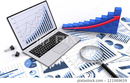 Business performance graph examined with magnifying glass and laptop, rising 3D graph Business performance graph examined with magnifying glass and laptop, rising 3D graph 121989639