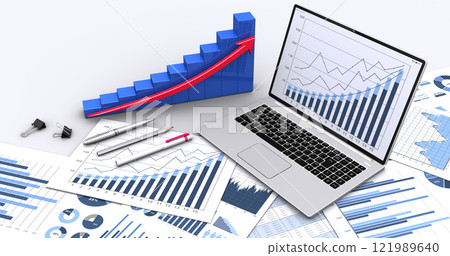 Rising 3D graph, business documents and laptop, business success image 121989640
