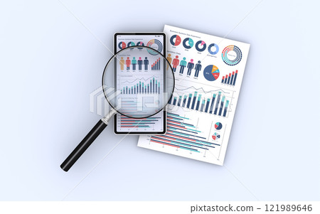 Data analysis image, examining a smartphone displaying business documents and data with a magnifying glass Data analysis image, examining a smartphone displaying business documents and data with a magnifying glass 121989646