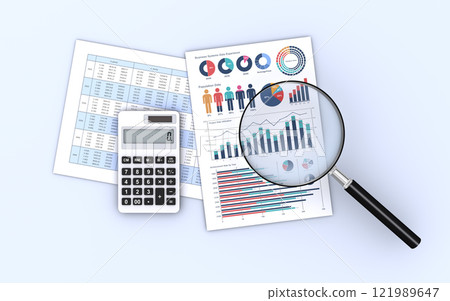 Examining business documents with a magnifying glass, data analysis image 121989647