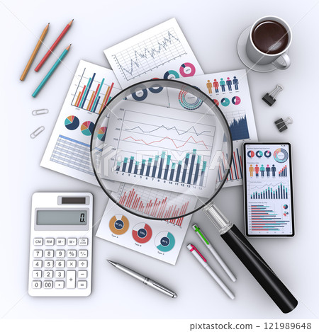 Tabletop image of data analysis, examining business documents with a magnifying glass 121989648