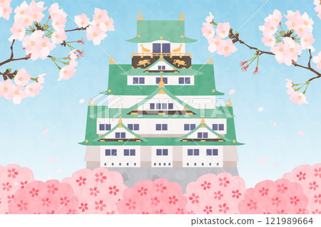 春天櫻花環繞的大阪城 121989664